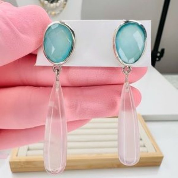 Vintage Real Blue Chalcedony and Pink Quartz Drop Earrings in Sterling Silver